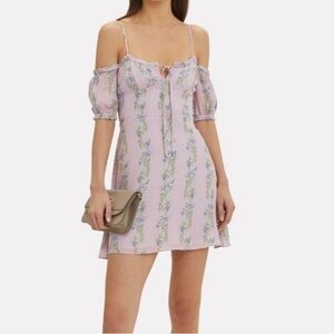 Intermix Lily Floral Light Purple Off Shoulder Tie Bust Mini Dress 100% Silk